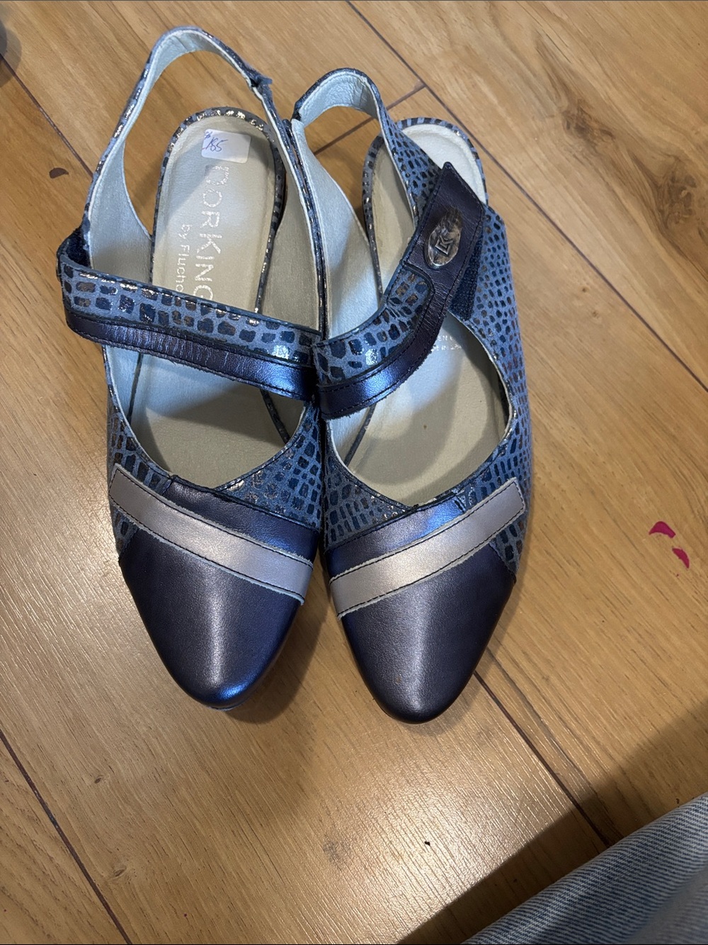 Corkys Navy Metallic Slingback Mules with Silver Accent